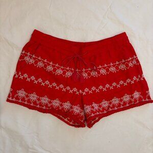 NWOT Loft Red Embroidered Shorts w/Drawstring Waist & Fringed Hem Size Medium